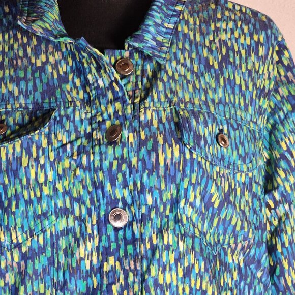 Attyre New York Blue Green Yellow Abstract Rayon Nylon Span Adj Waist Jacket XL - Picture 6 of 16